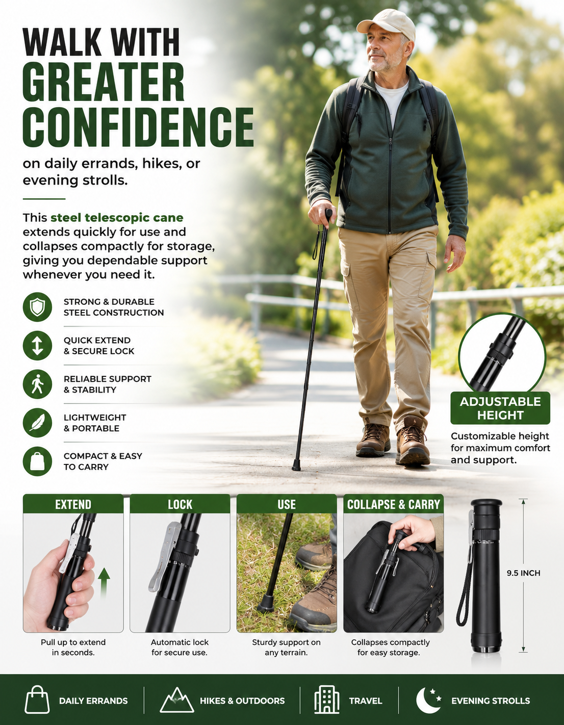 Extendable Walking Support Stick, Steel Telescopic Safety Cane for Everyday Use