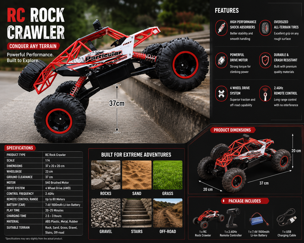 RC Rock Crawler 4x4, Off-Road Remote Control Truck with Dual Motors 4WD