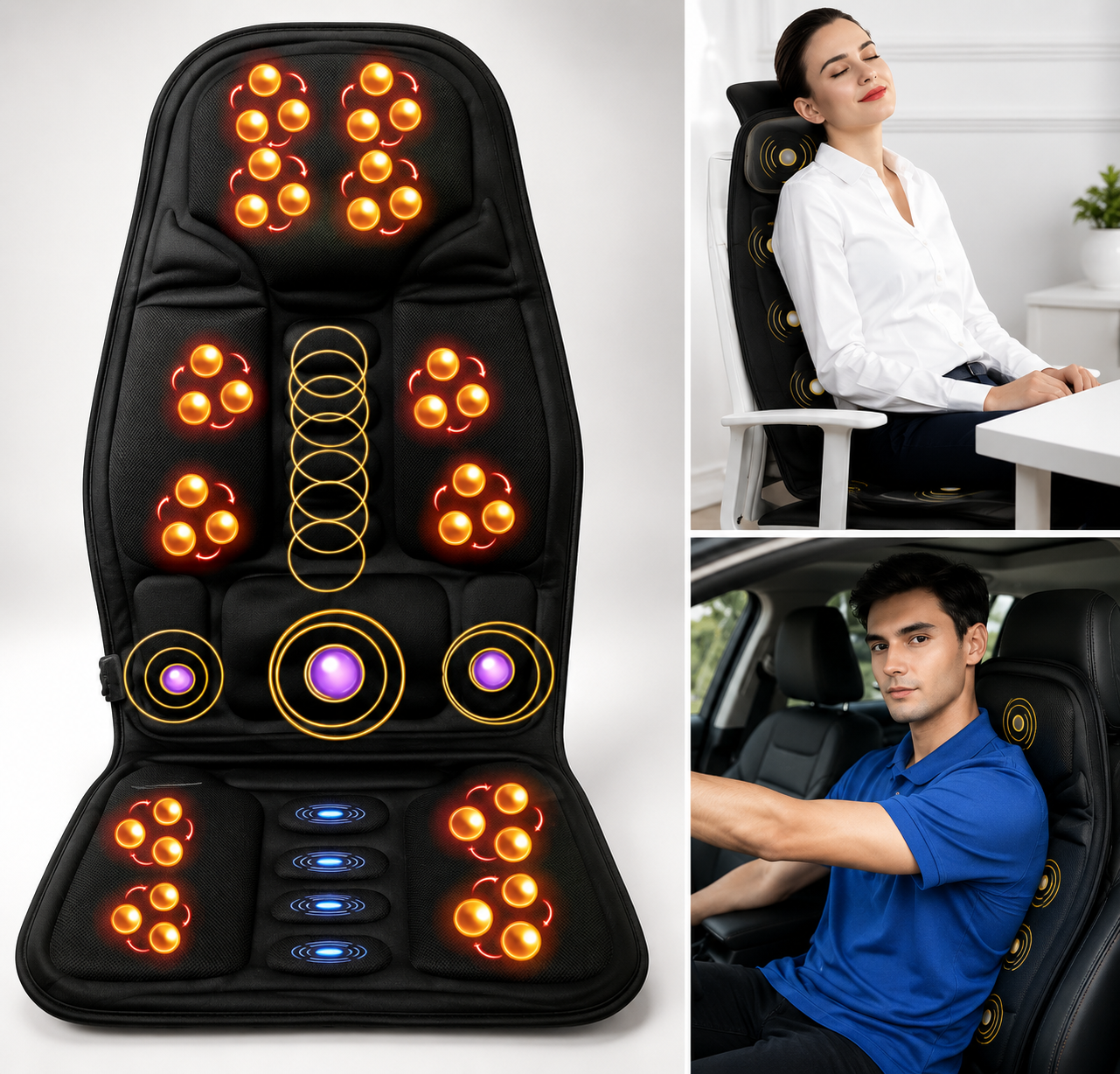 Massage Seat Cushion 8 Modes, Heated Back & Neck Massager Pad for Car, Home & Office