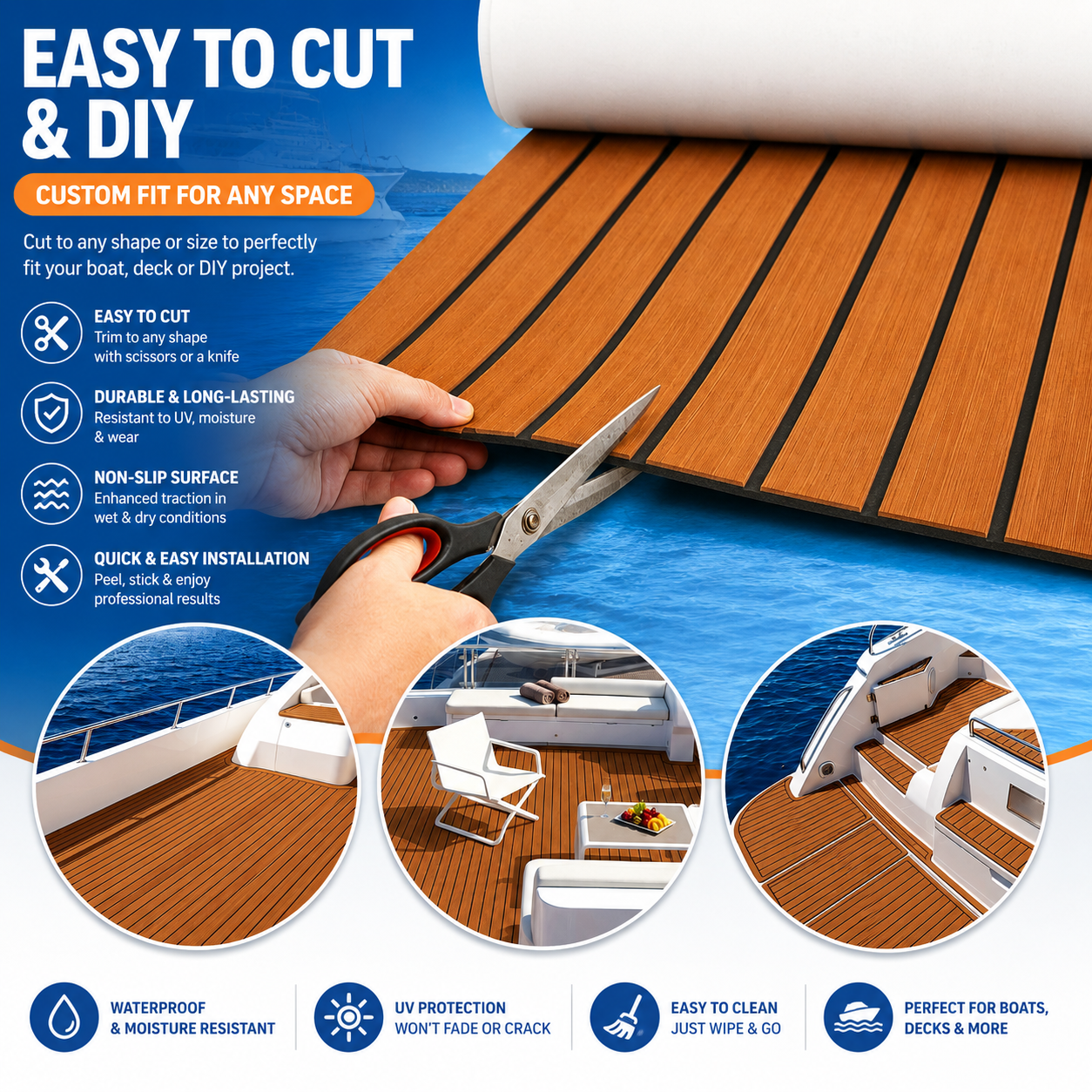 EVA Boat Flooring Sheet, Self-Adhesive Teak Look Marine Deck Pad, Non-Slip