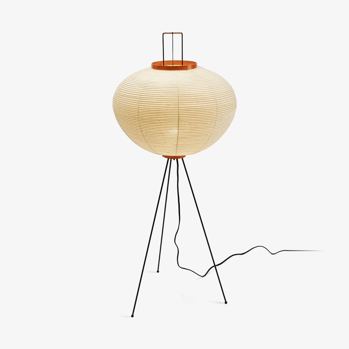 Indoor tripod floor lamp with paper shade front view