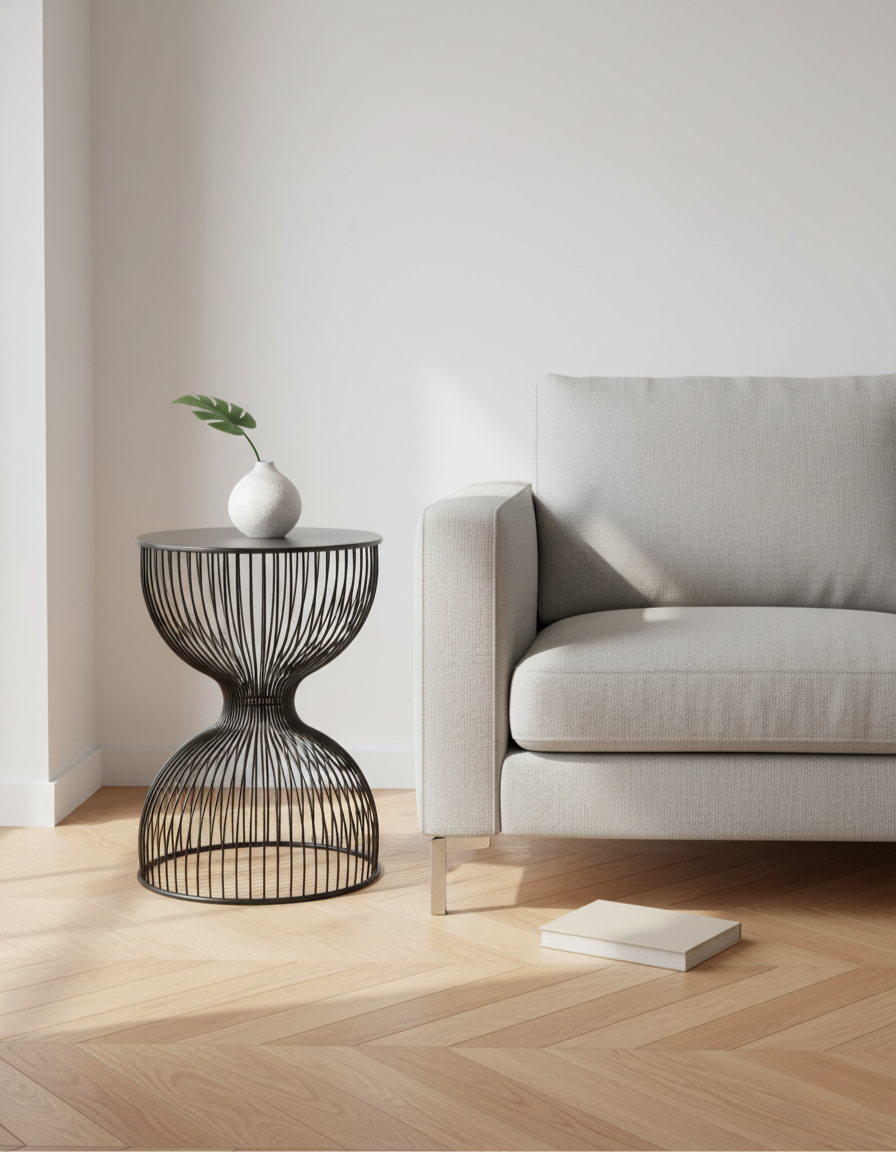 Modern black side table hourglass shape front view