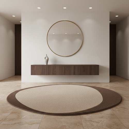 Modern plush irregular area rug studio view
