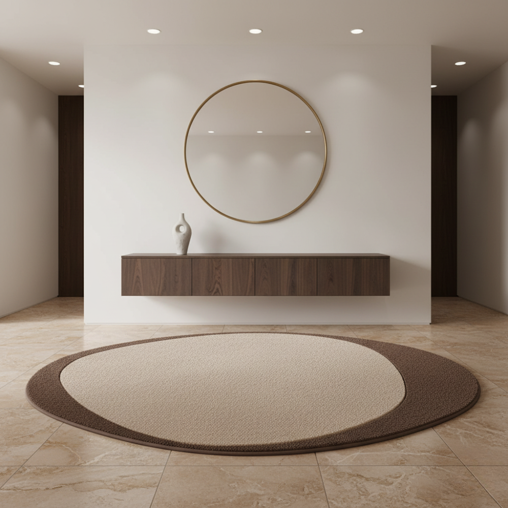 Modern plush irregular area rug studio view
