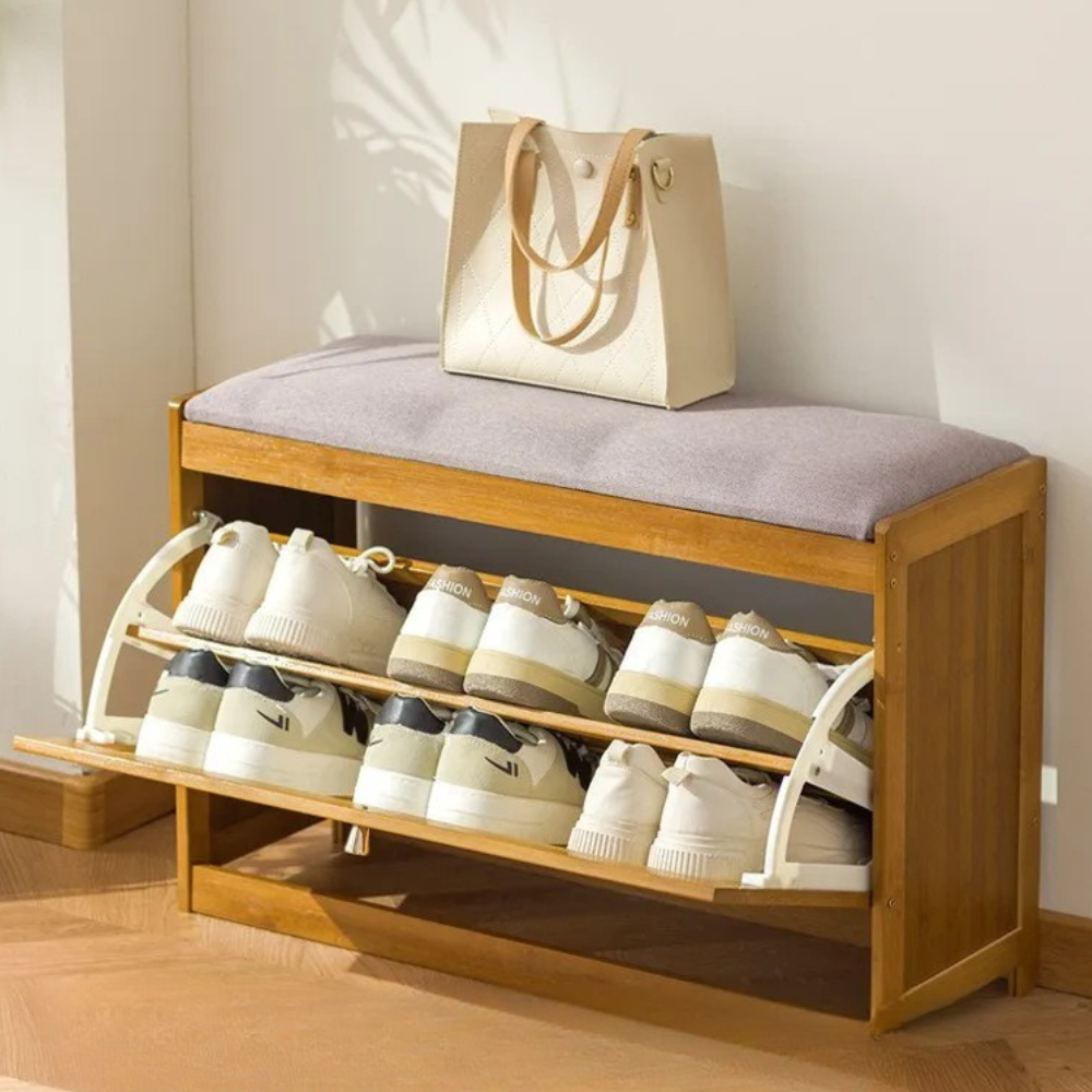 Chic Bamboo Shoe Storage Bench with Cushioned Seating Design | Ridorn