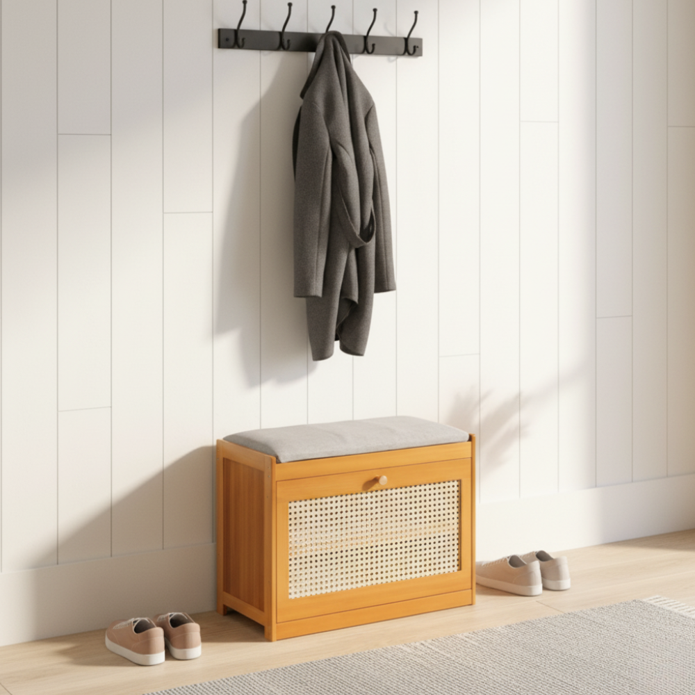 Chic Bamboo Shoe Storage Bench with Cushioned Seating Design | Ridorn