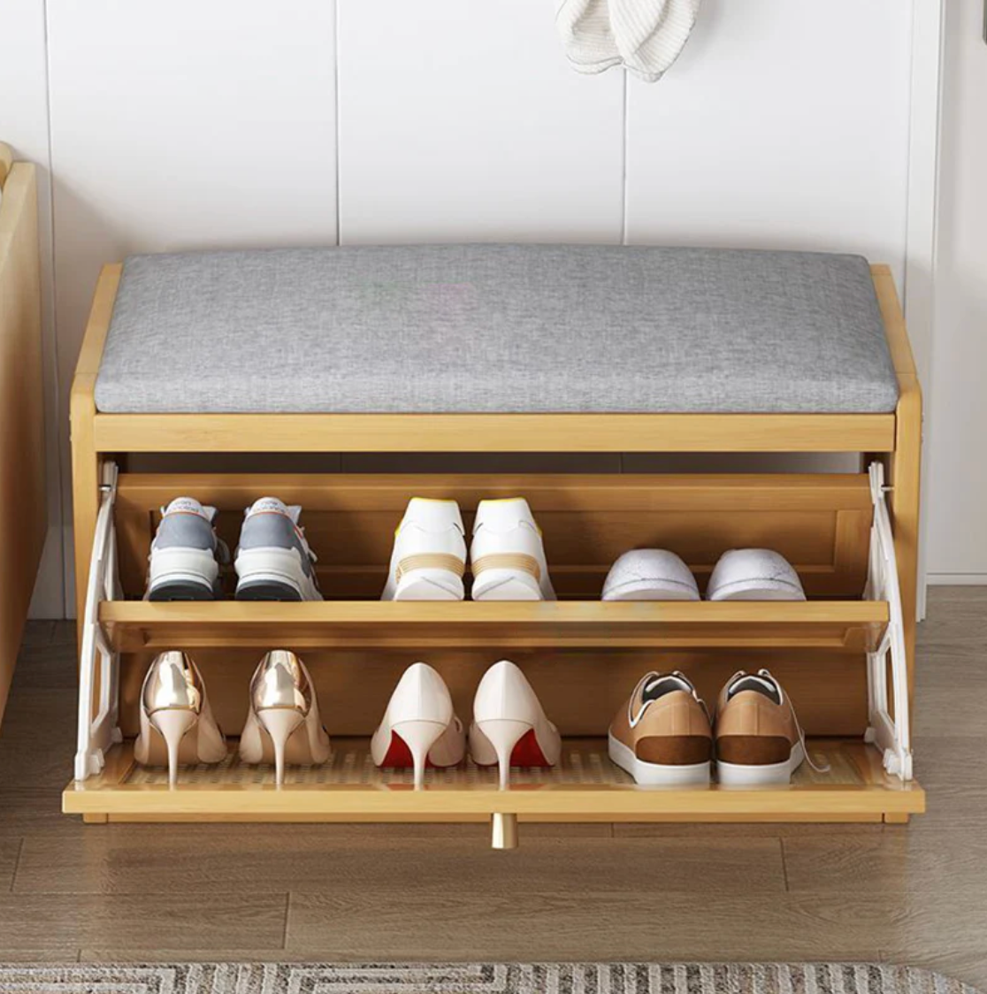 Chic Bamboo Shoe Storage Bench with Cushioned Seating Design | Ridorn