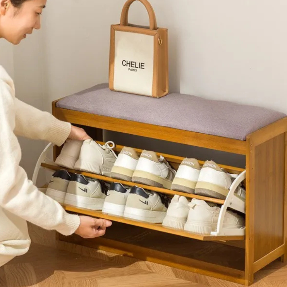 Chic Bamboo Shoe Storage Bench with Cushioned Seating Design | Ridorn