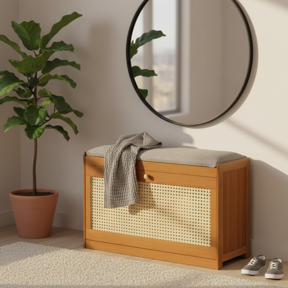 Chic Bamboo Shoe Storage Bench with Cushioned Seating Design | Ridorn