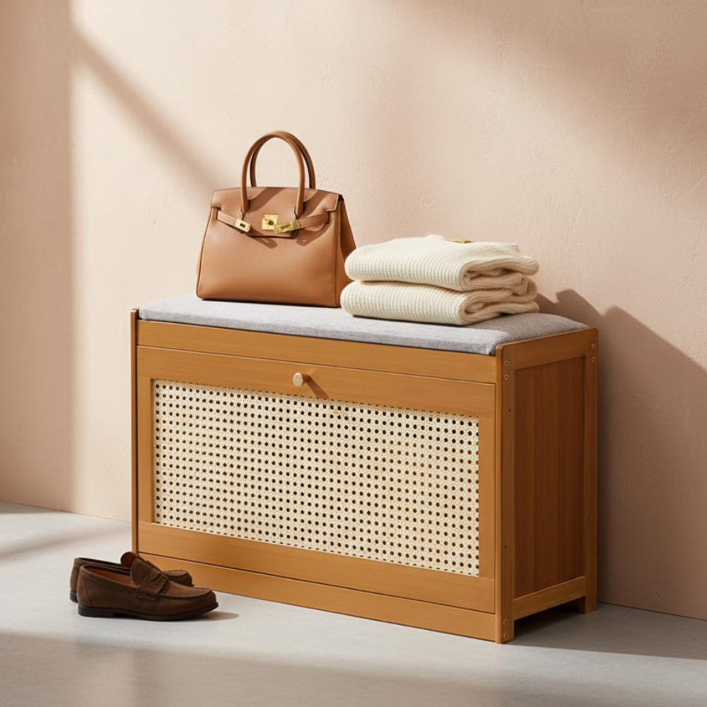 Chic Bamboo Shoe Storage Bench with Cushioned Seating Design | Ridorn