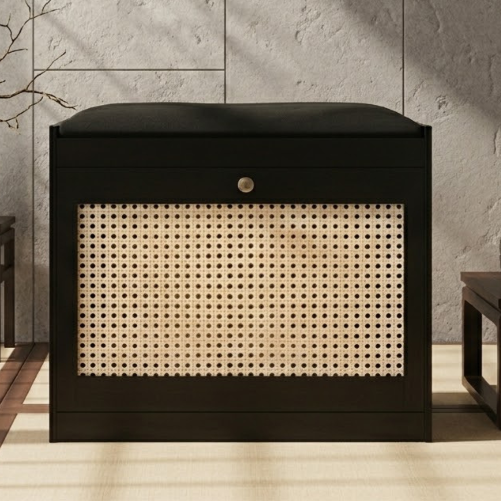 Bamboo Rattan Shoe Storage Bench with Cushion for Entryway | Ridorn-Benches-Ridorn