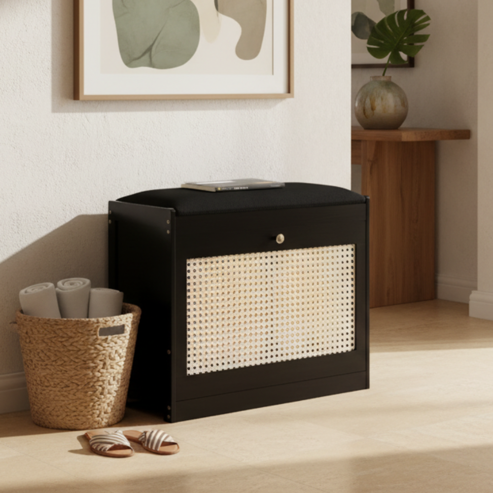 Bamboo Rattan Shoe Storage Bench with Cushion for Entryway | Ridorn-Benches-Ridorn
