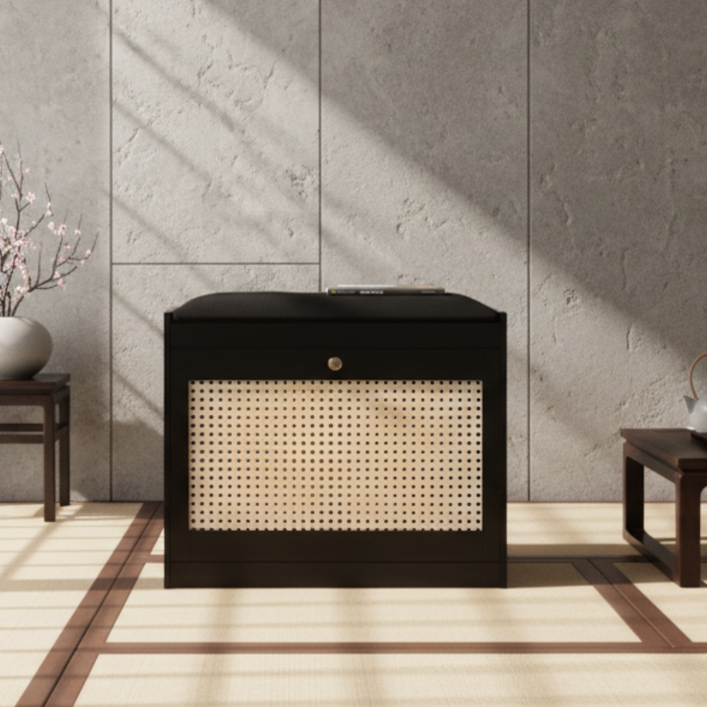 Bamboo Rattan Shoe Storage Bench with Cushion for Entryway | Ridorn-Benches-Ridorn