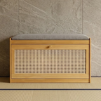 Bamboo Rattan Shoe Storage Bench with Cushion for Entryway | Ridorn-Benches-Ridorn