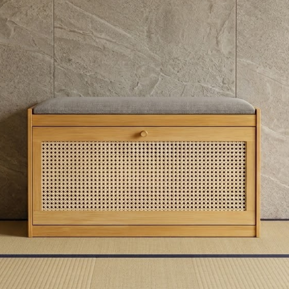 Bamboo Rattan Shoe Storage Bench with Cushion for Entryway | Ridorn-Benches-Ridorn