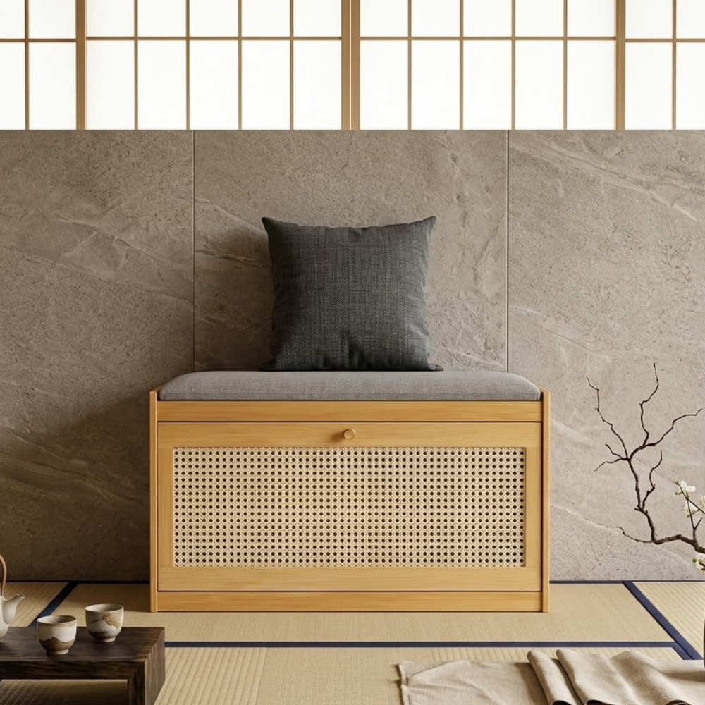 Bamboo Rattan Shoe Storage Bench with Cushion for Entryway | Ridorn-Benches-Ridorn