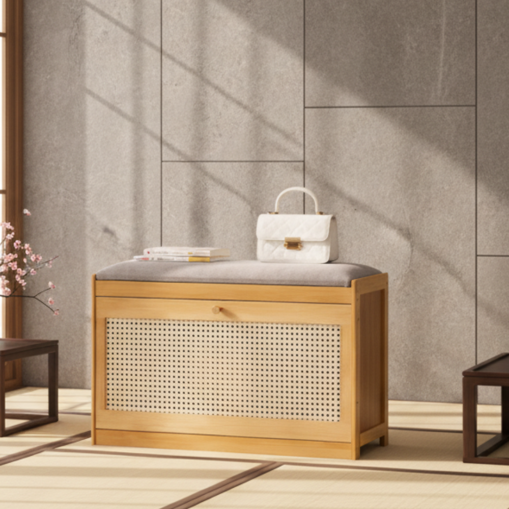Bamboo Rattan Shoe Storage Bench with Cushion for Entryway | Ridorn-Benches-Ridorn