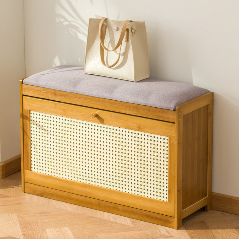 Bamboo Rattan Shoe Storage Bench with Cushion for Entryway | Ridorn-Benches-Ridorn