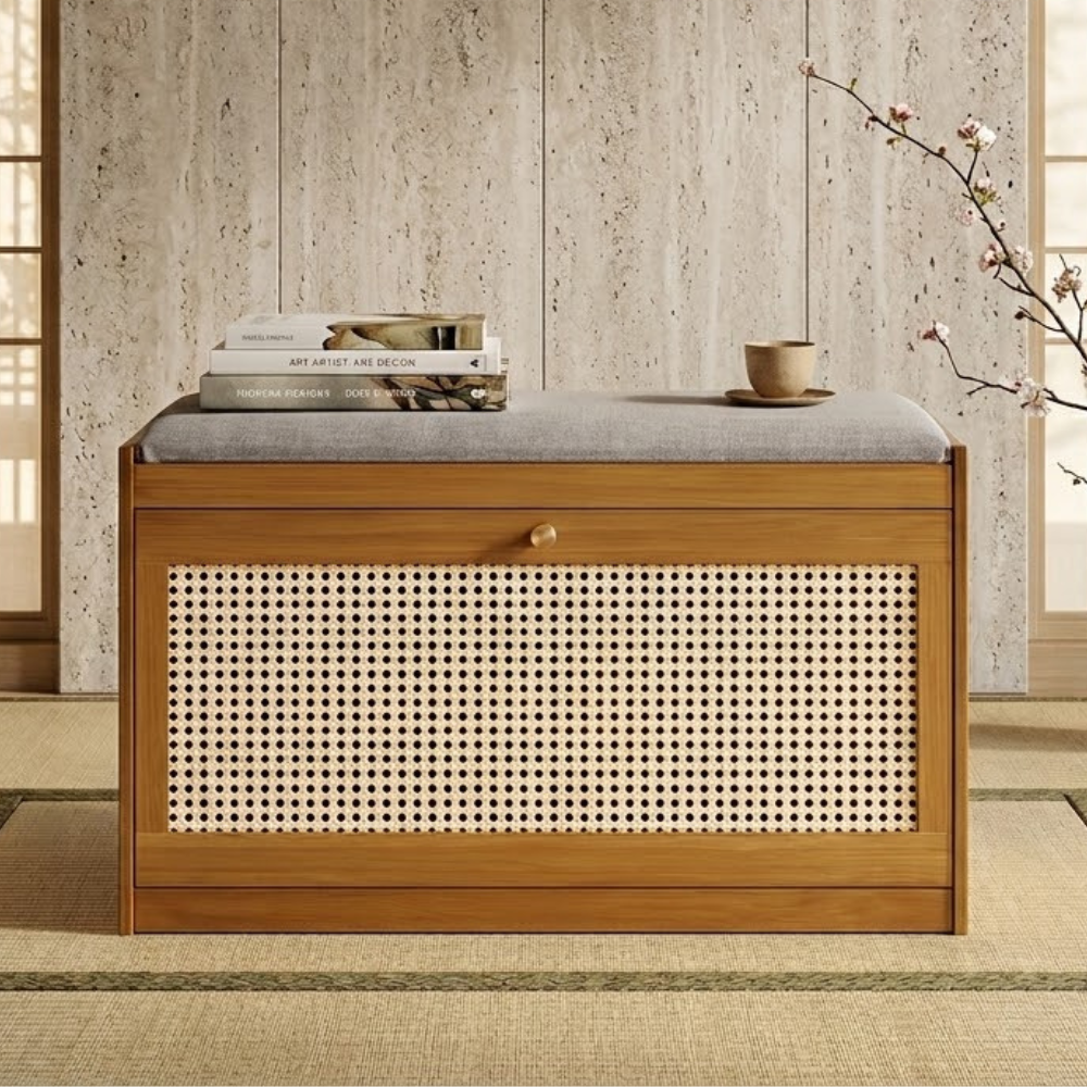 Bamboo Rattan Shoe Storage Bench with Cushion for Entryway | Ridorn-Benches-Ridorn