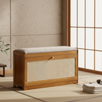 Bamboo Rattan Shoe Storage Bench with Cushion for Entryway | Ridorn-Benches-Ridorn