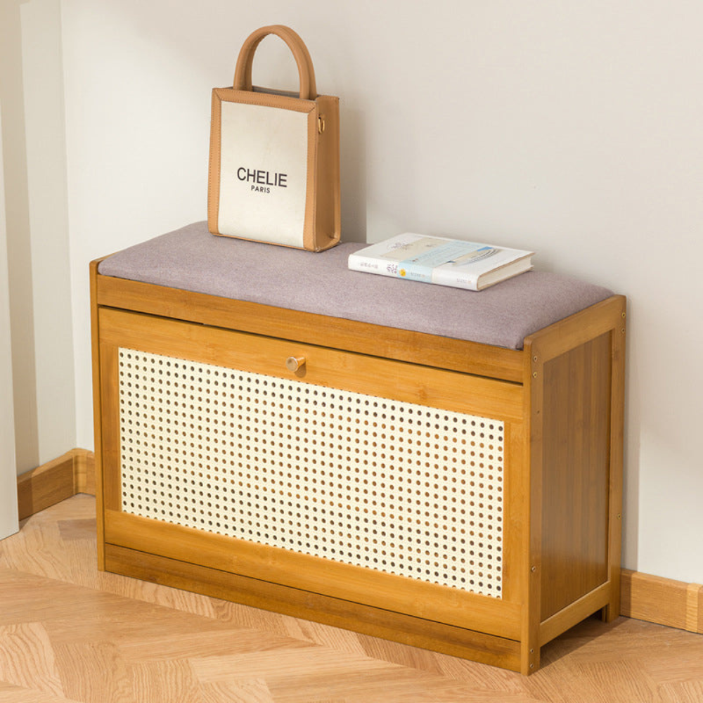 Bamboo Rattan Shoe Storage Bench with Cushion for Entryway | Ridorn-Benches-Ridorn
