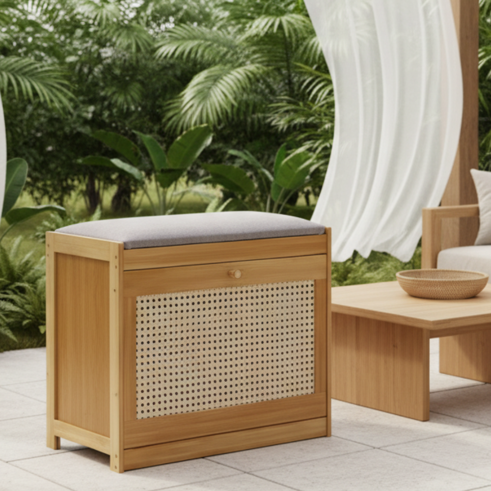 Bamboo Rattan Shoe Storage Bench with Cushion for Entryway | Ridorn-Benches-Ridorn