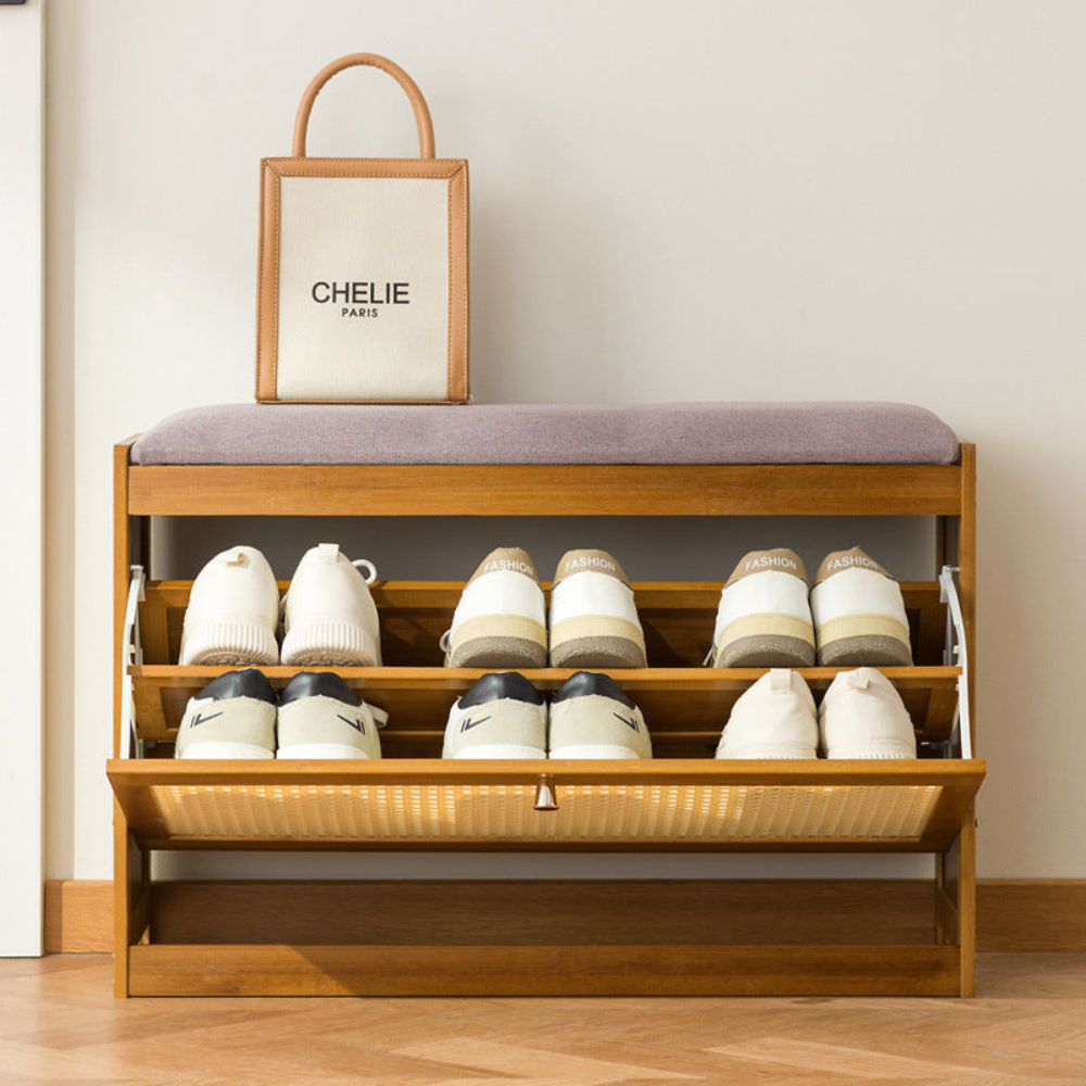 Bamboo Rattan Shoe Storage Bench with Cushion for Entryway | Ridorn-Benches-Ridorn