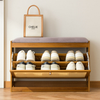 Bamboo Rattan Shoe Storage Bench with Cushion for Entryway | Ridorn-Benches-Ridorn