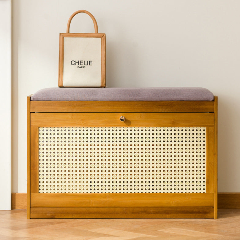 Bamboo Rattan Shoe Storage Bench with Cushion for Entryway | Ridorn-Benches-Ridorn