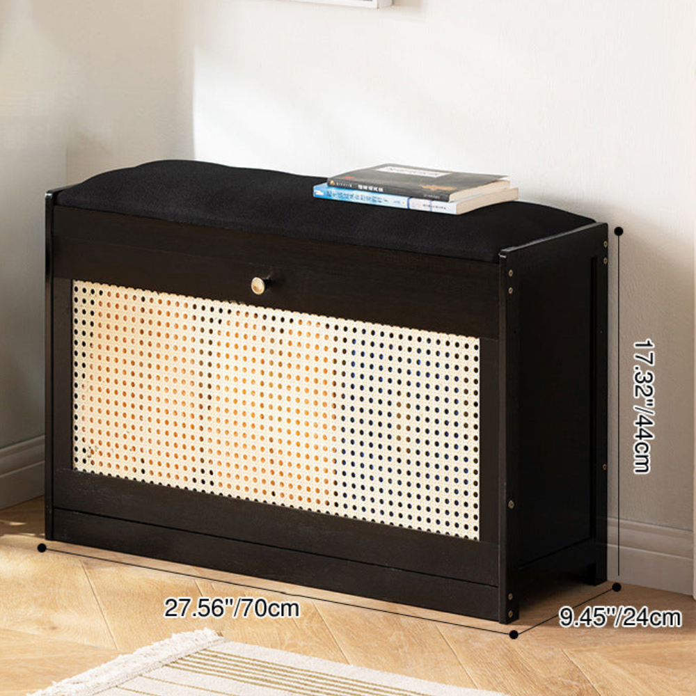 Bamboo Rattan Shoe Storage Bench with Cushion for Entryway | Ridorn-Benches-Ridorn