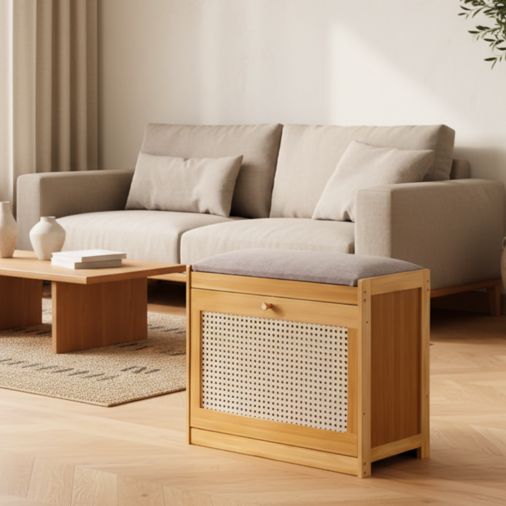 Bamboo Rattan Shoe Storage Bench with Cushion for Entryway | Ridorn-Benches-Ridorn