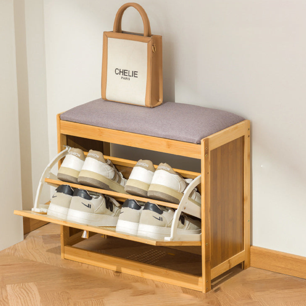 Bamboo Rattan Shoe Storage Bench with Cushion for Entryway | Ridorn-Benches-Ridorn