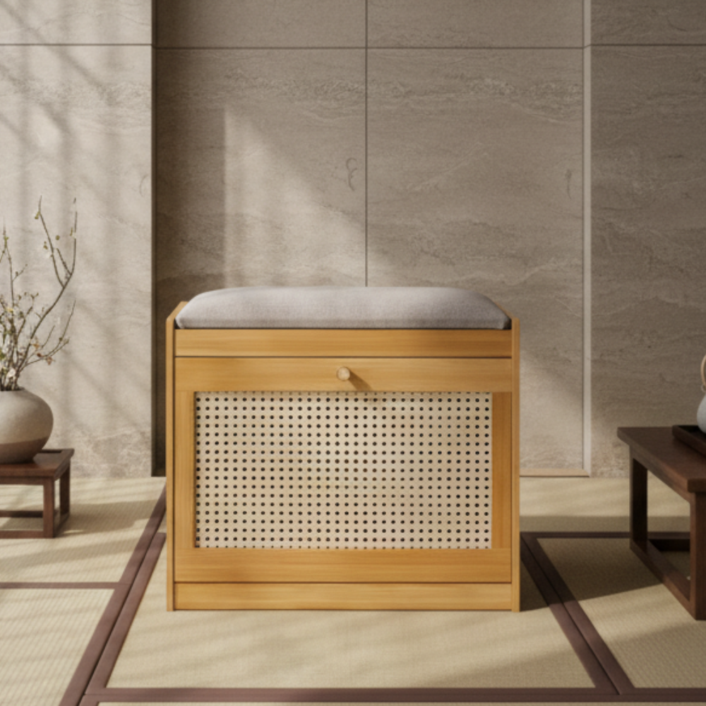 Bamboo Rattan Shoe Storage Bench with Cushion for Entryway | Ridorn-Benches-Ridorn