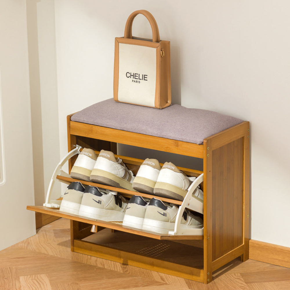 Bamboo Rattan Shoe Storage Bench with Cushion for Entryway | Ridorn-Benches-Ridorn