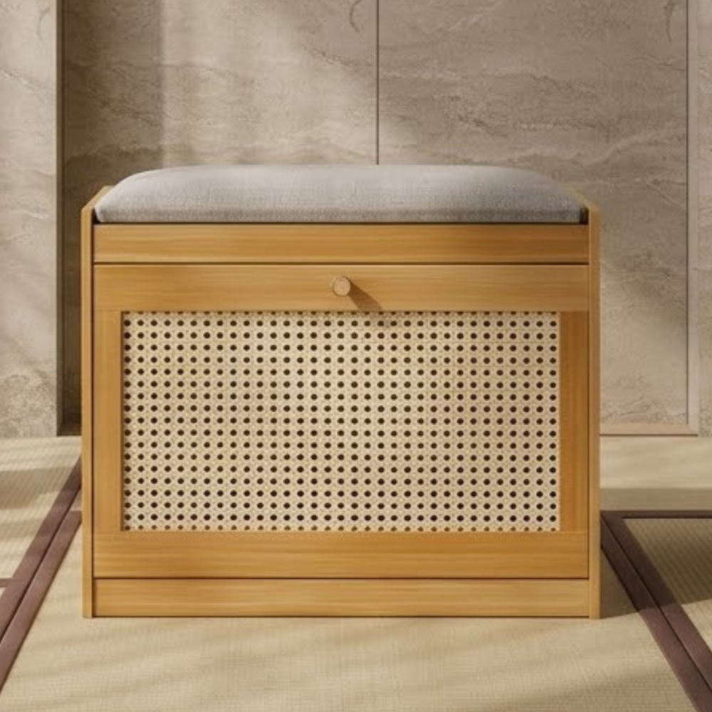 Shoe storage bench in natural color with cushion front view