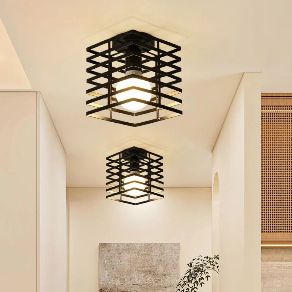 Vintage geometric cage ceiling light in matte black finish