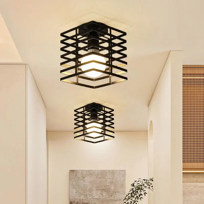Vintage geometric cage ceiling light in matte black finish
