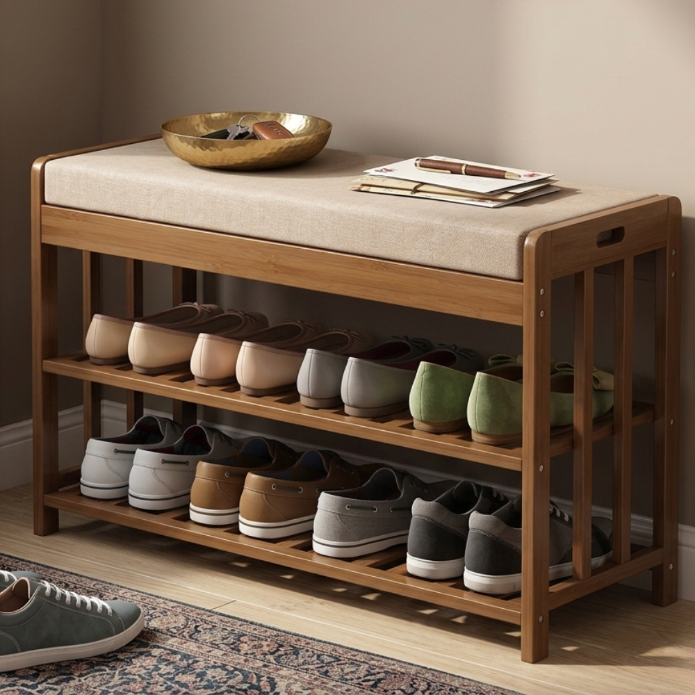 Chic Minimalist Bamboo Rattan Shoe Organizer with Two | Ridorn-Shoe Storage-Ridorn