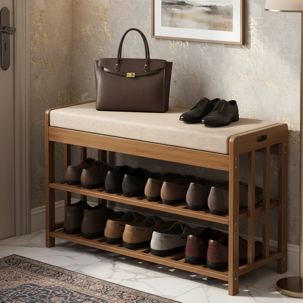 Chic Minimalist Bamboo Rattan Shoe Organizer with Two | Ridorn-Shoe Storage-Ridorn