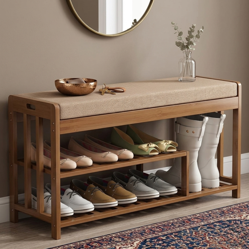 Chic Minimalist Bamboo Rattan Shoe Organizer with Two | Ridorn-Shoe Storage-Ridorn