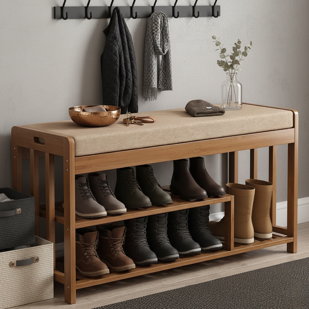 Chic Minimalist Bamboo Rattan Shoe Organizer with Two | Ridorn-Shoe Storage-Ridorn