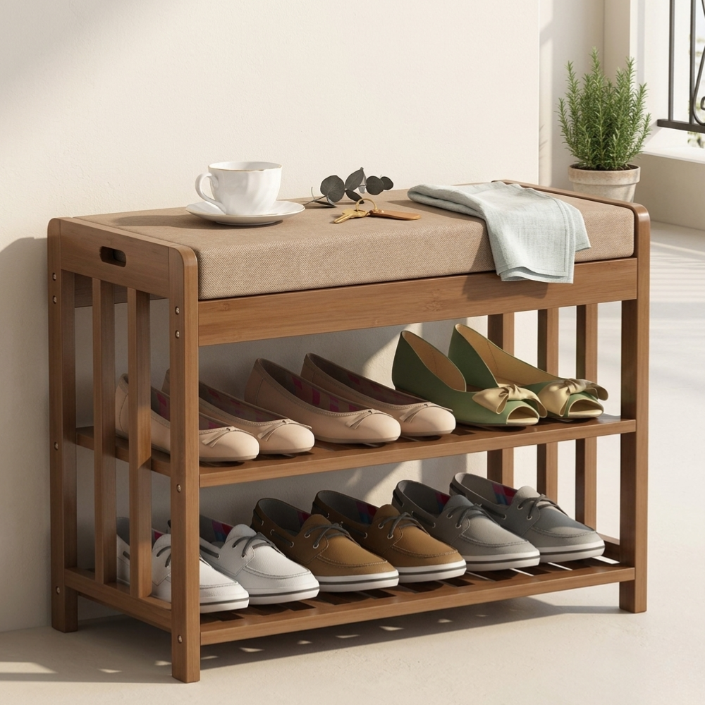 Chic Minimalist Bamboo Rattan Shoe Organizer with Two | Ridorn-Shoe Storage-Ridorn