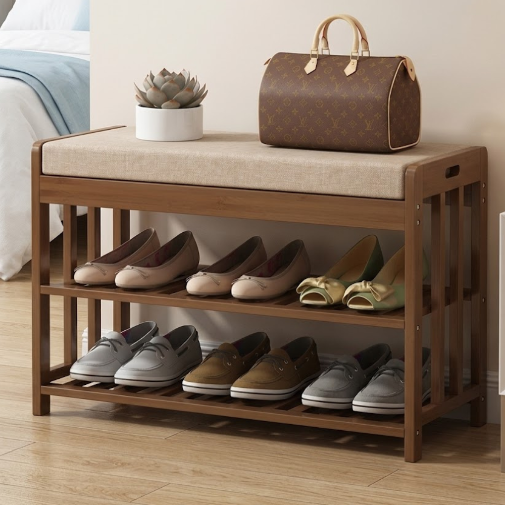 Chic Minimalist Bamboo Rattan Shoe Organizer with Two | Ridorn-Shoe Storage-Ridorn