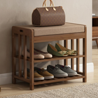 Minimalist bamboo rattan shoe organizer with two shelves front view