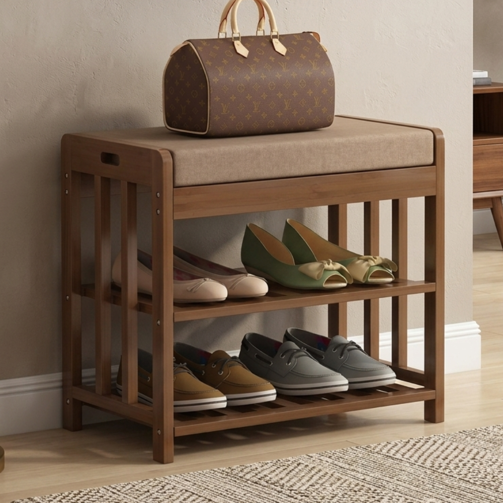 Minimalist bamboo rattan shoe organizer with two shelves front view