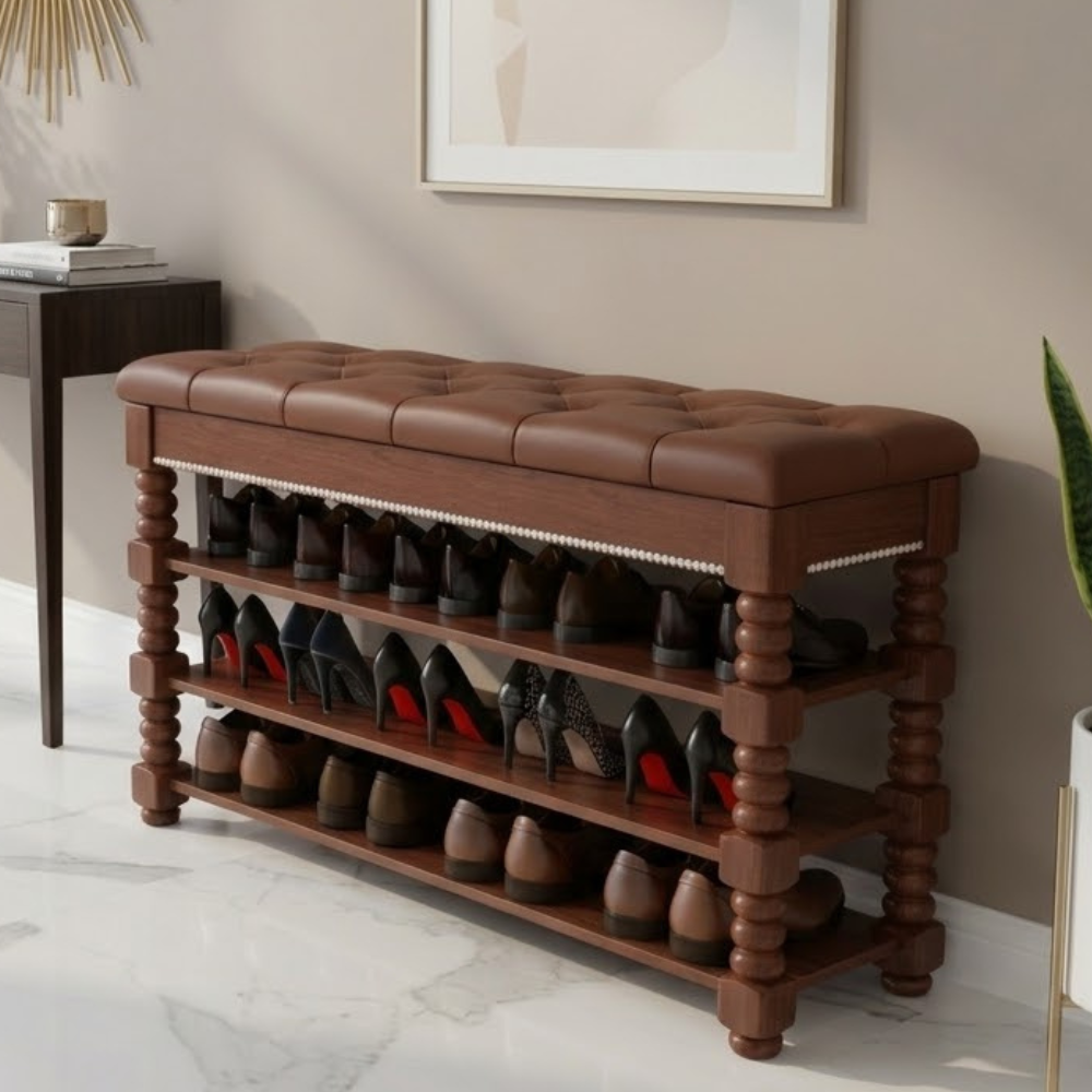 Chic Scandinavian 3-Tier Shoe Storage Cabinet in Walnut | Ridorn-Shoe Storage-Ridorn