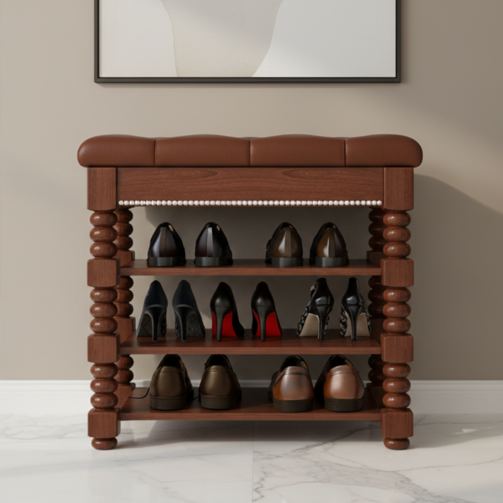 Chic Scandinavian walnut shoe storage cabinet three-tier front view