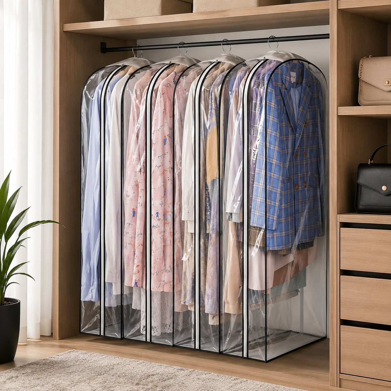 Clear Garment Bags 6-Pack, Zippered Dustproof Clothes Storage Covers for Suits & Dresses