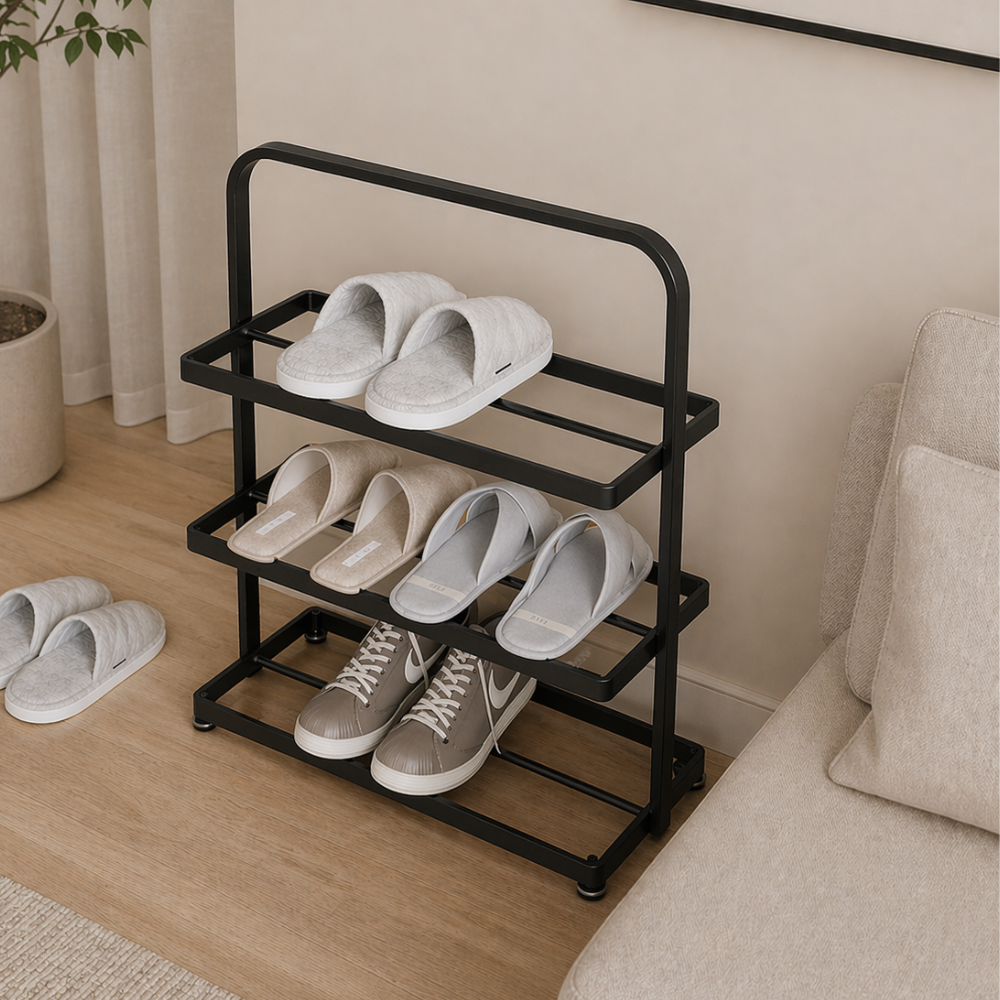 Contemporary iron shoe rack 3-tier minimalist front view