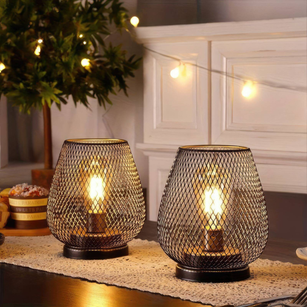Indoor cordless iron mesh lamp set of 2 front view